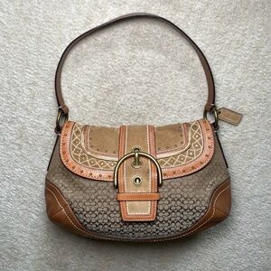 Coach Tan and Brown Signature Canvas Shoulder Bag with Embroidered Flap